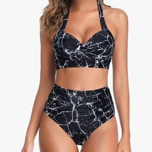 Black and white marble high waisted bikini